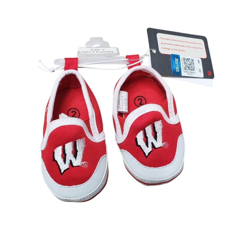 Wisconsin Badgers Baby Slip-On Shoes Red & White Size 2 Ages 3-6 Months Football